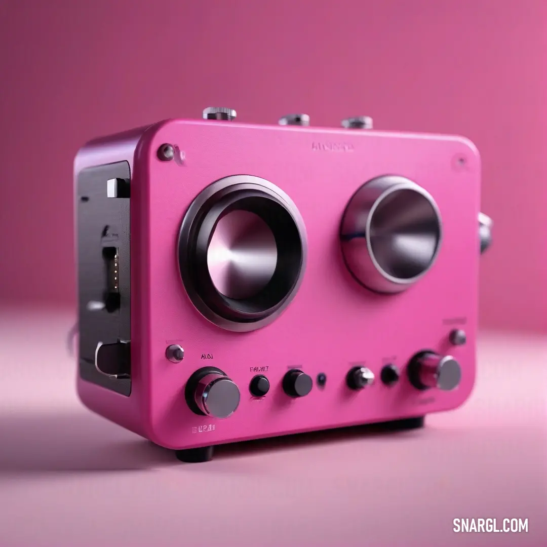 A whimsical pink radio sits on a cheerful pink surface, adorned with two functional knobs and a stylish speaker, radiating a sense of nostalgia while inviting you to enjoy your favorite tunes in a charming setting.