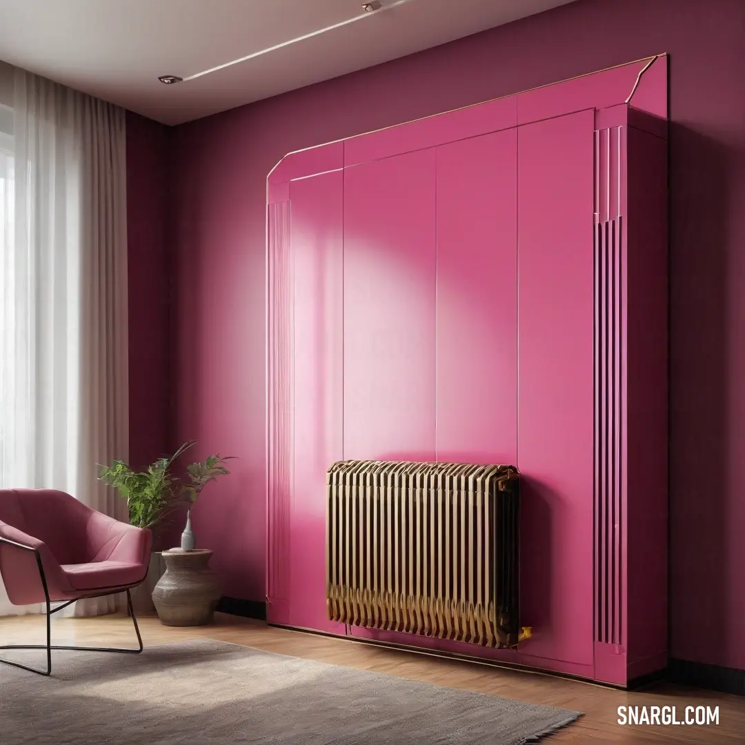 A cozy pink room featuring a vintage radiator, a stylish chair, and soft curtains framing a window, creating a tranquil atmosphere. The serene color palette, especially the RGB value of 193,97,152, offers a warm and inviting sensation.