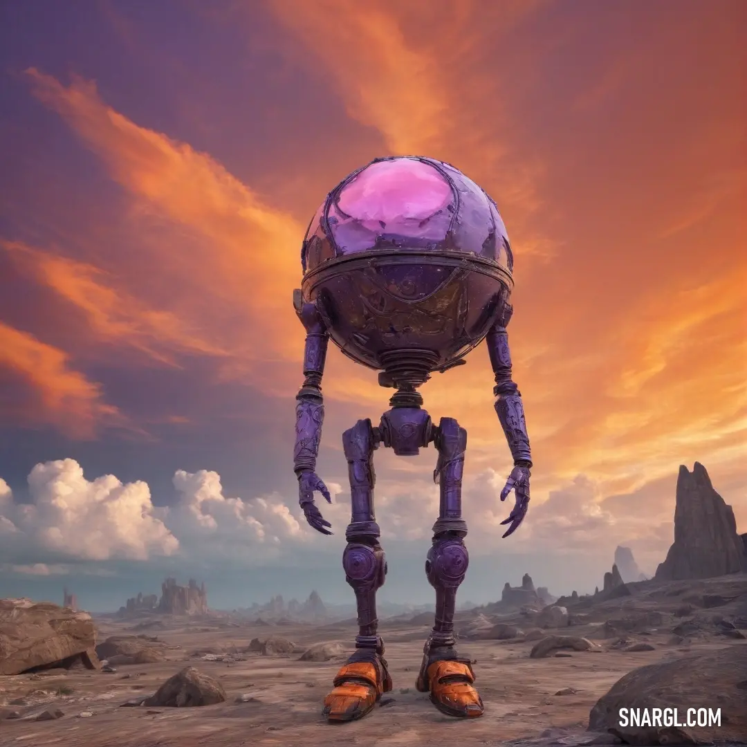 A futuristic robot stands sentinel in a sun-kissed desert, its metallic silhouette stark against the warm hues of the sunset. The serene landscape envelops it, calling to mind the wonders of an age yet to come amidst a captivating twilight.