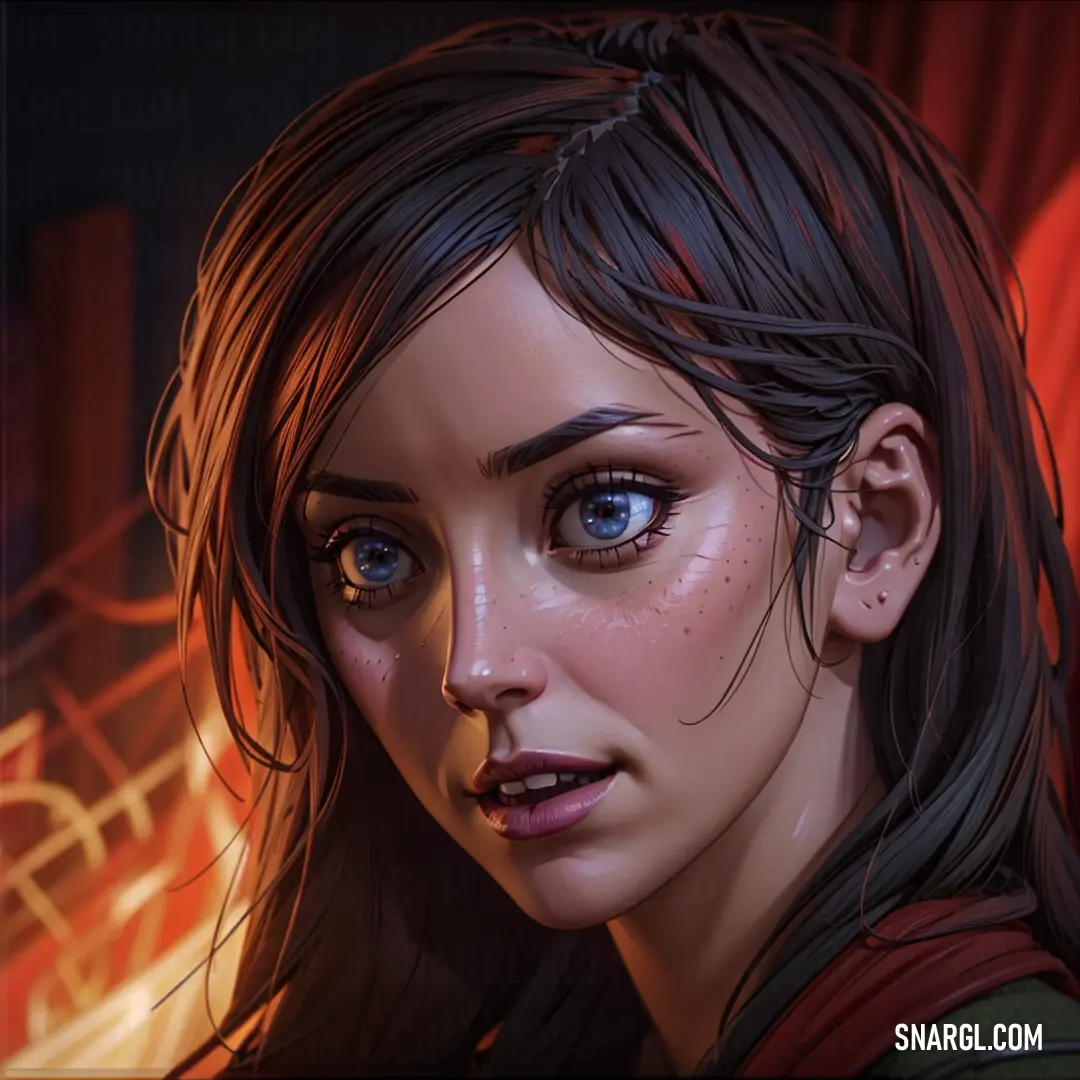 A woman with striking blue eyes and dark black hair stares directly at the camera, her gaze intense and captivating. The backdrop is a bold red, enhancing the emotion and power conveyed in the scene.