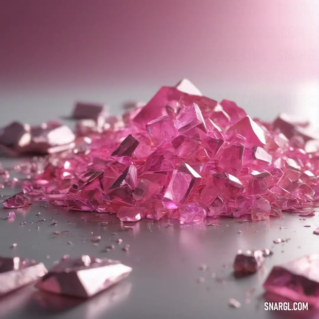 A delicate arrangement of pink crystals rests beautifully on a table, their varied sizes and shapes catching the light and creating a mesmerizing display of sparkling hues that enhances the surrounding environment.