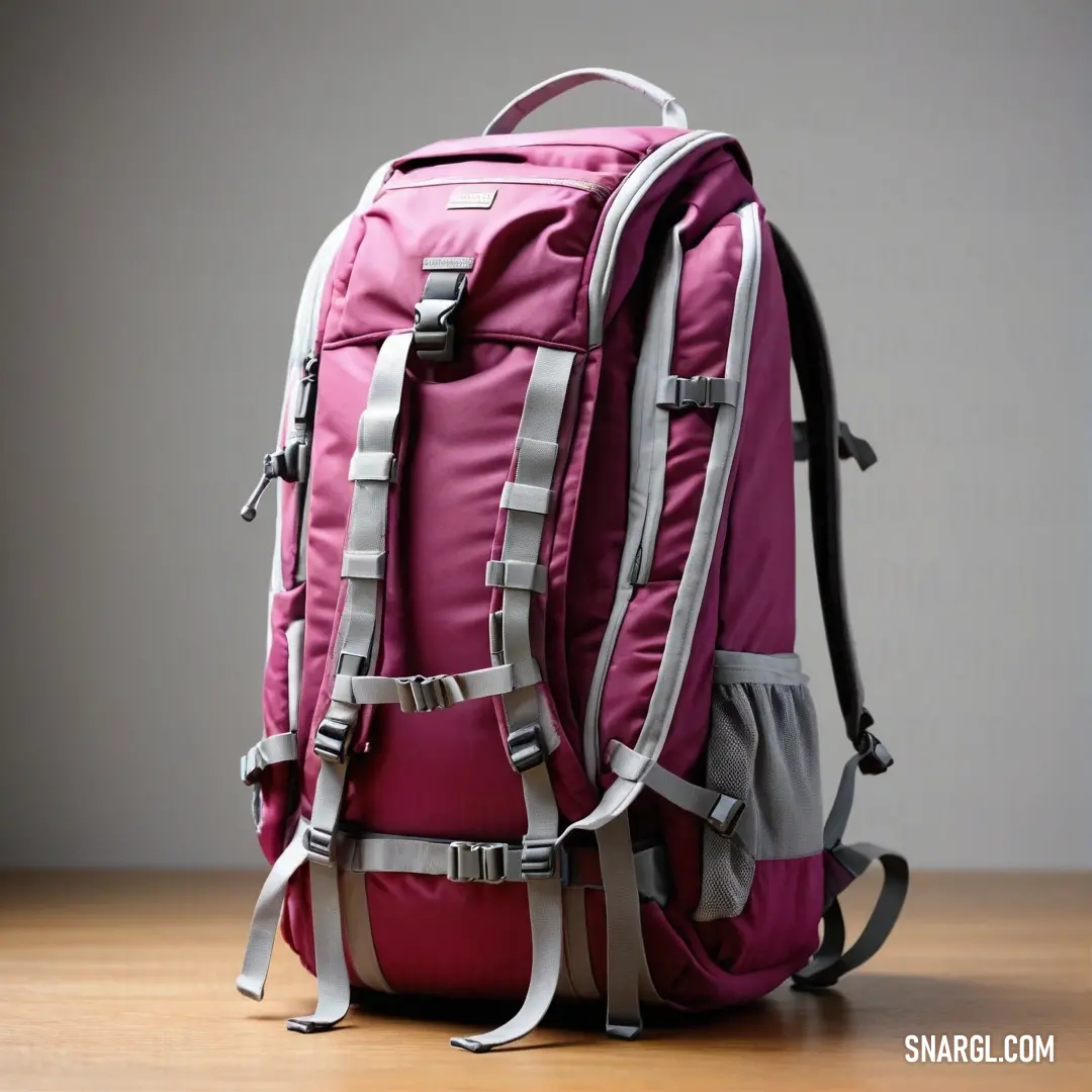 A delightful pink backpack is perched atop a wooden table, positioned next to a sunlit window adorned with a delicate curtain, offering a glimpse into a casual yet stylish retreat.