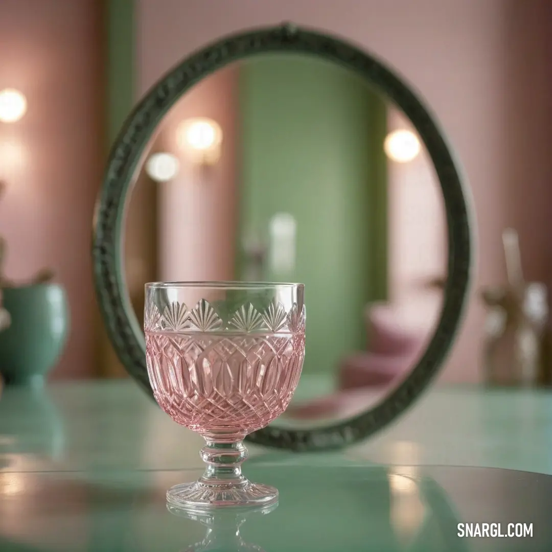 A stunning pink glass sits elegantly on a table, with a reflective mirror in the background amplifying its charm, creating a delicate interplay of light and color that enchants the senses.