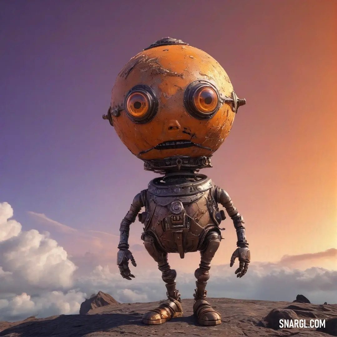 A vibrant scene featuring a robot atop a mountain, the sky ablaze with the colors of dusk. This majestic figure gazes out over a world of adventure and exploration, under a vast expanse filled with wispy clouds and ethereal light.