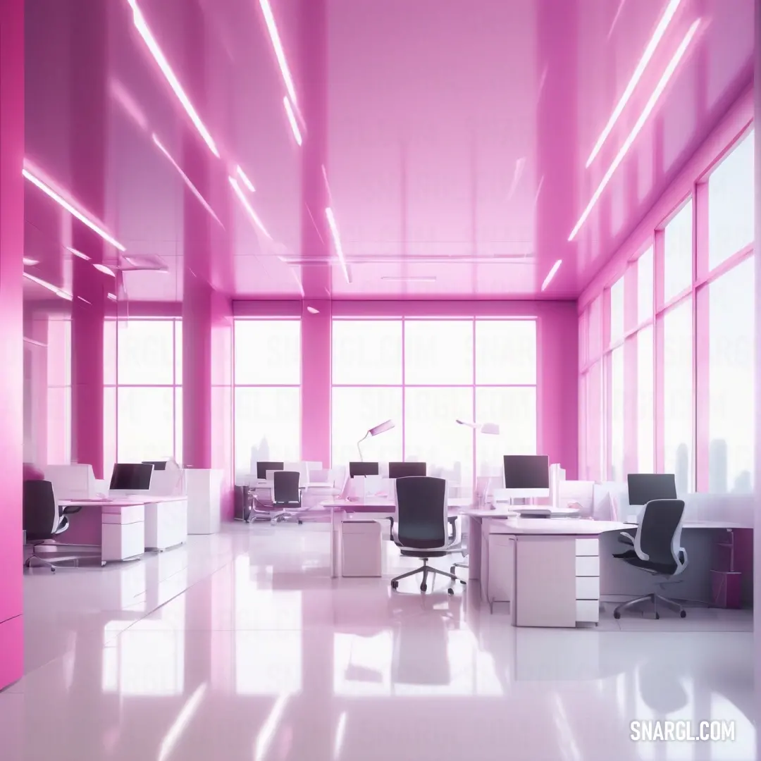 A vibrant room filled with desks and chairs is accented by a pink wall, creating a lively and inviting atmosphere that's perfect for productivity, creativity, and collaboration.