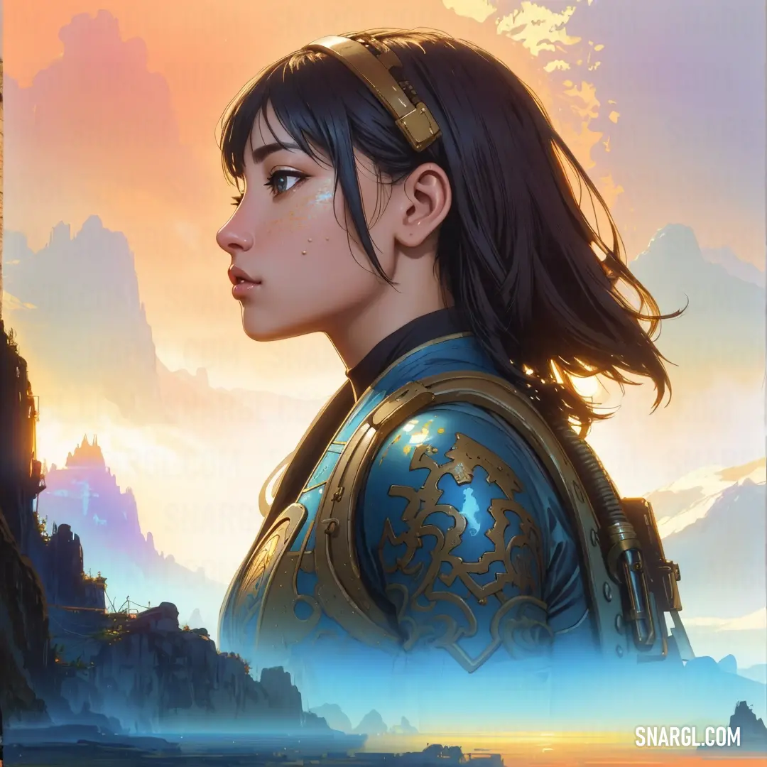 A woman in armor stands tall, gazing over a vast mountain range at sunset. The sky transitions from warm oranges and purples to deep blues, creating a breathtaking backdrop for her contemplative stance.