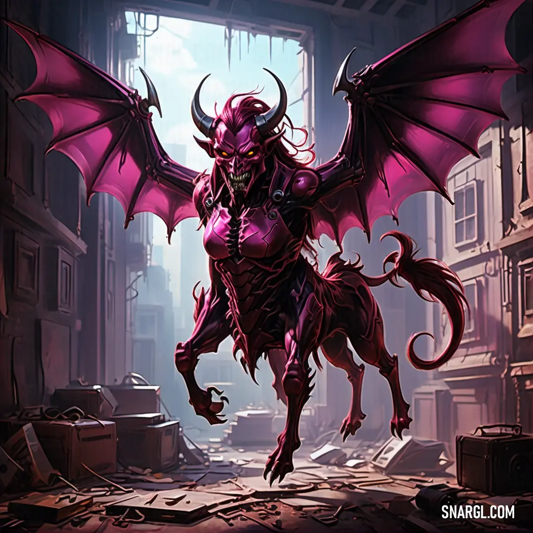 Demonic creature with large wings and a demon like body. Example of PANTONE 2063 color.