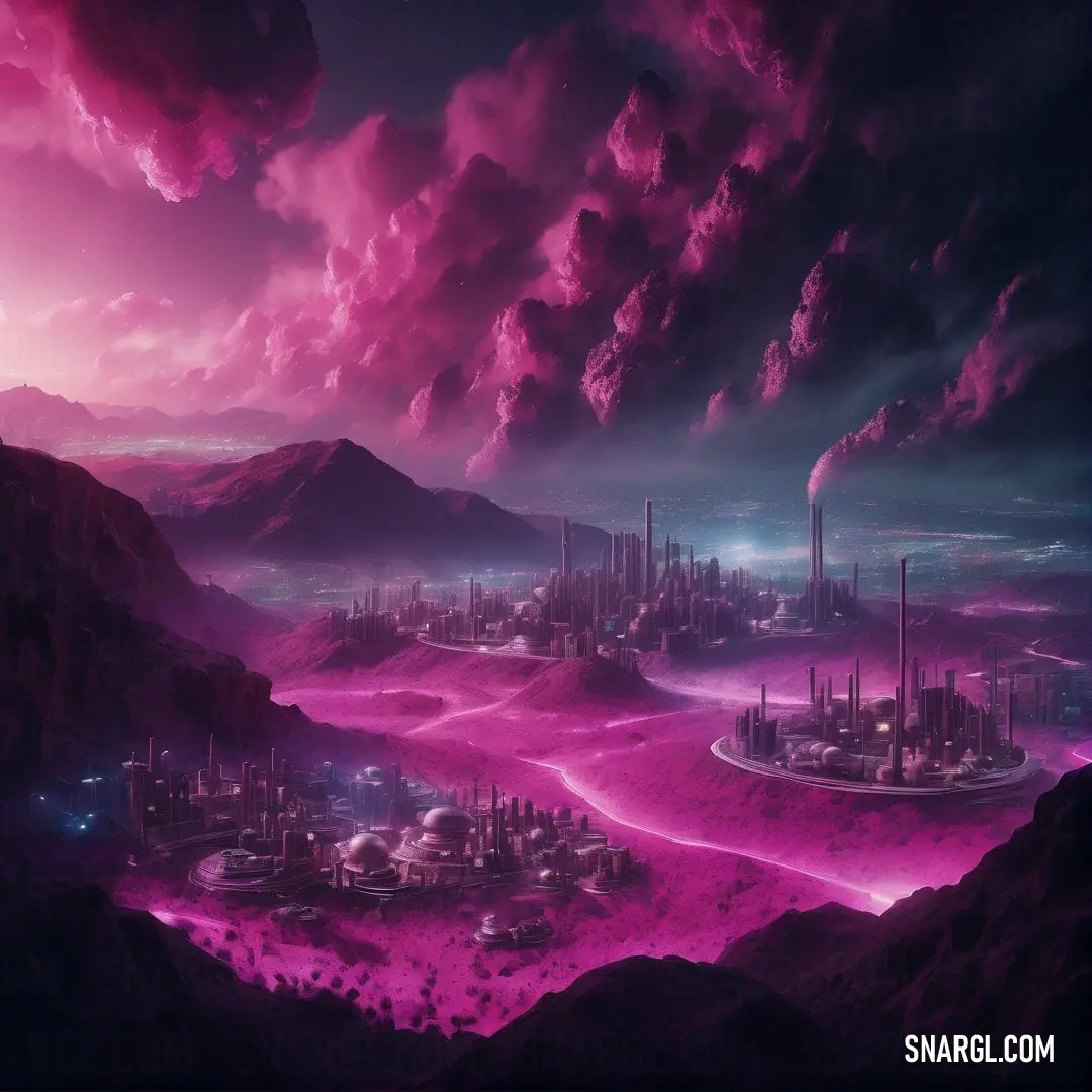 Futuristic city surrounded by mountains and a purple sky with clouds above it and a mountain range in the distance