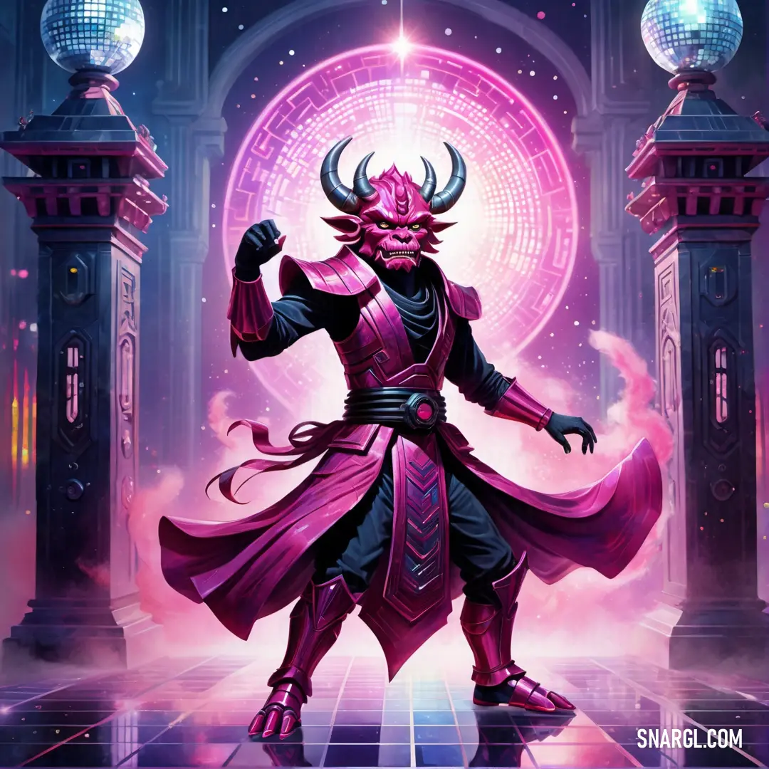 PANTONE 2063 color. Man in a purple outfit standing in front of a stage with a ball on it and a purple demon on his chest