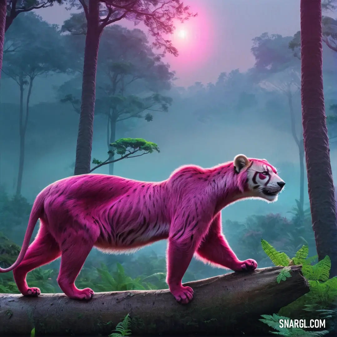 Pink bear standing on a log in a forest with a pink sun in the background. Color #A5277A.