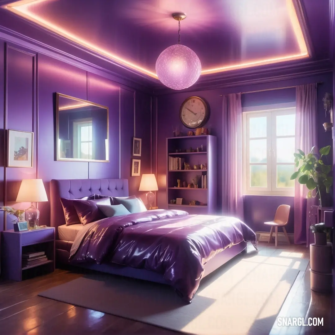 Bedroom with a purple bed and a purple ceiling light and a purple chair and a table with a lamp. Example of #BF91BA color.