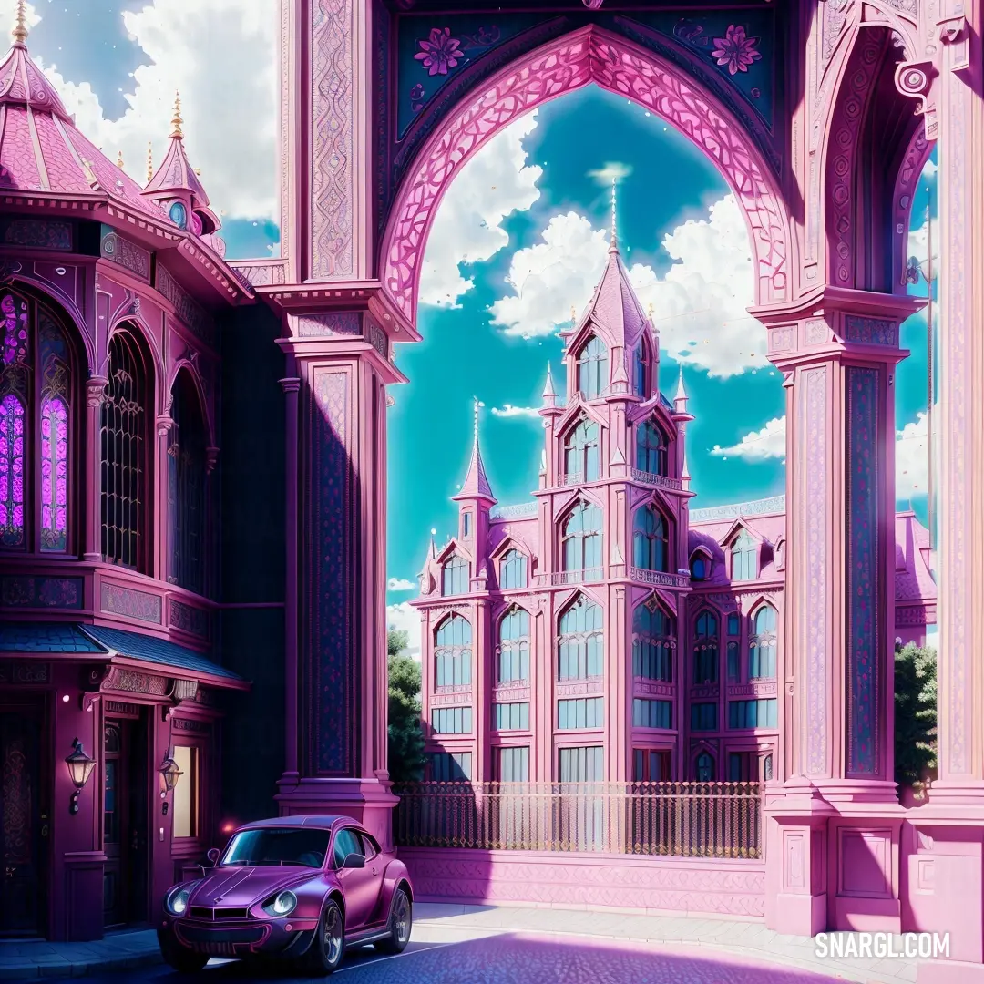 Car parked in front of a pink building with a large archway and a clock tower in the background. Example of #AD6FA4 color.