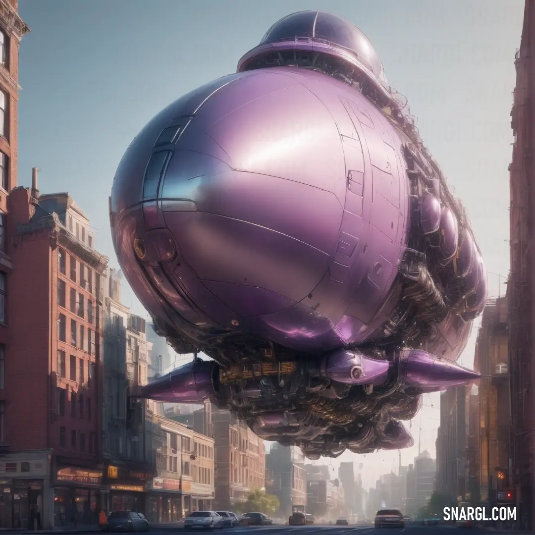 Large purple object floating over a city street in the air with buildings in the background. Color PANTONE 2067.