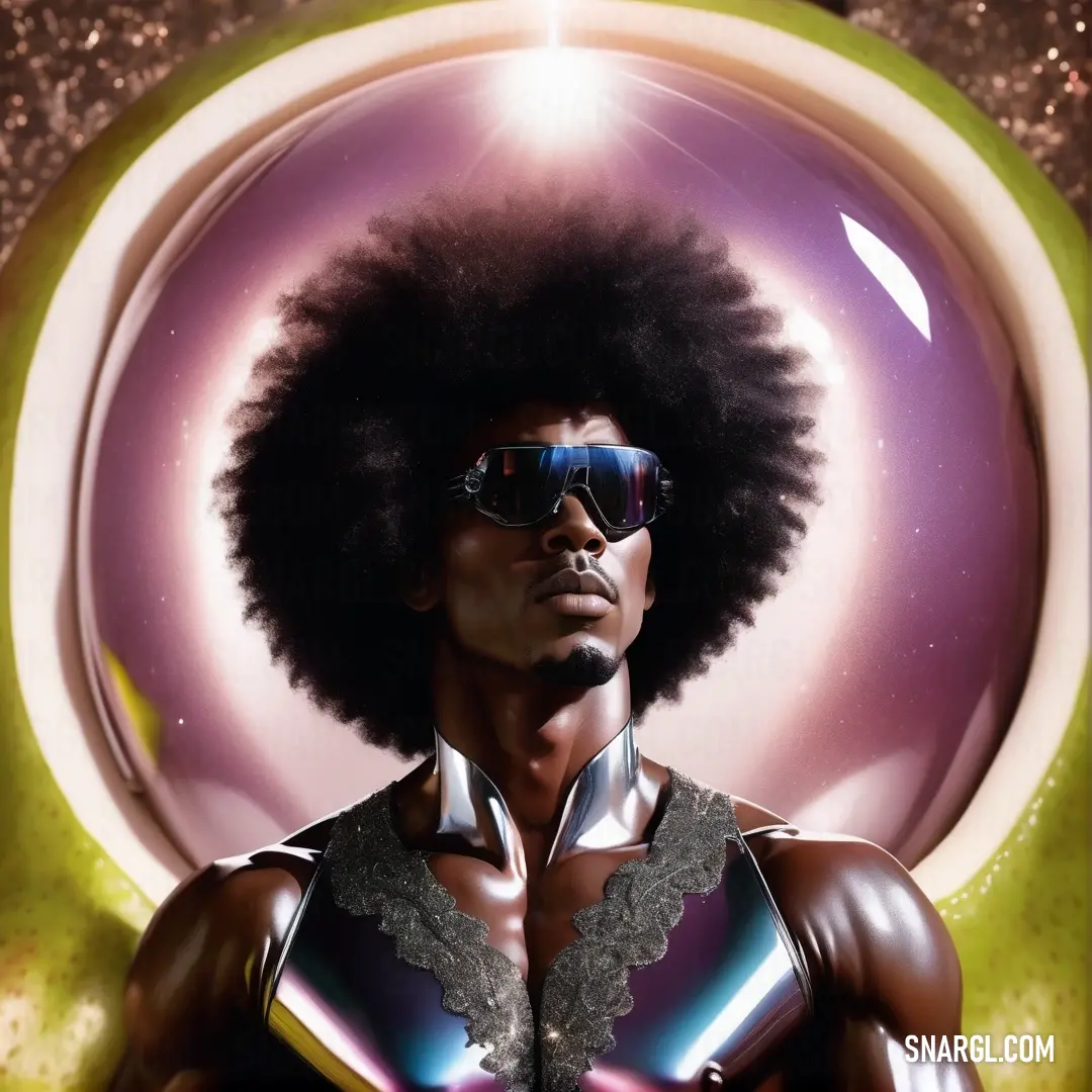 Man with a afro and sunglasses on his face in front of a circular background. Color CMYK 34,63,0,0.