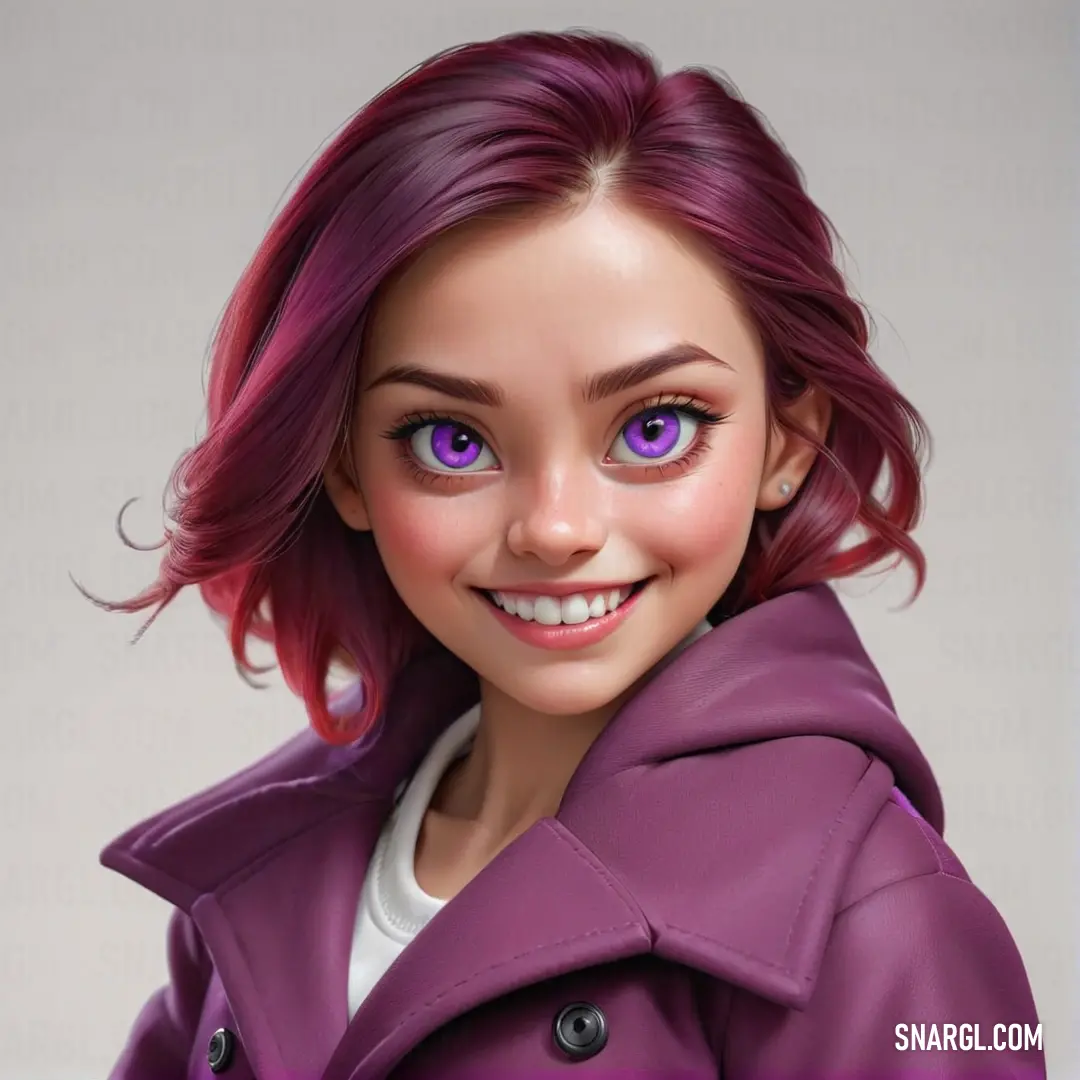 PANTONE 2068 color. Cartoon girl with purple hair and a purple coat on her head and a smile on her face