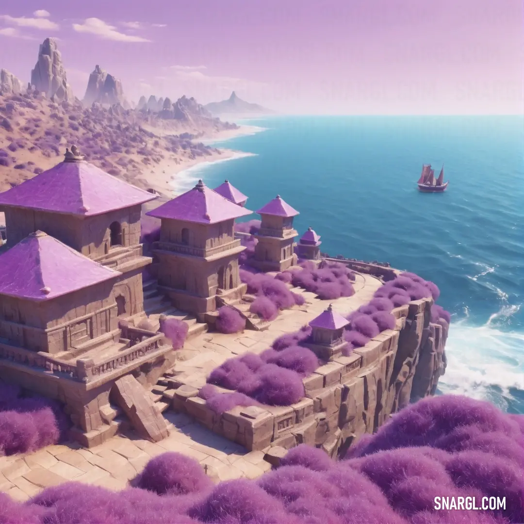 Computer generated image of a castle on a cliff overlooking the ocean and a boat in the distance with purple vegetation