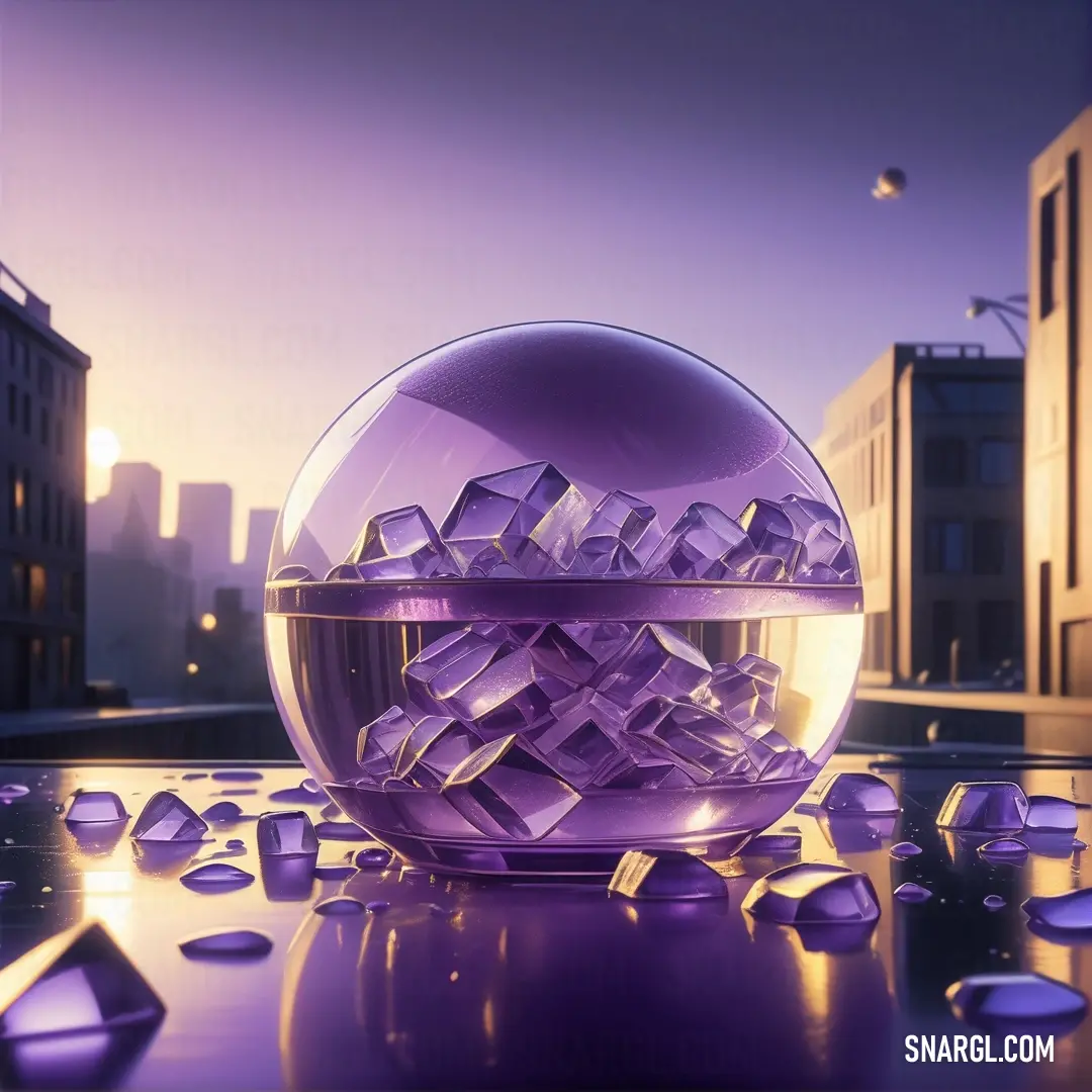 Purple sphere with ice cubes on a table in front of a cityscape at sunset or dawn. Color CMYK 40,71,0,0.