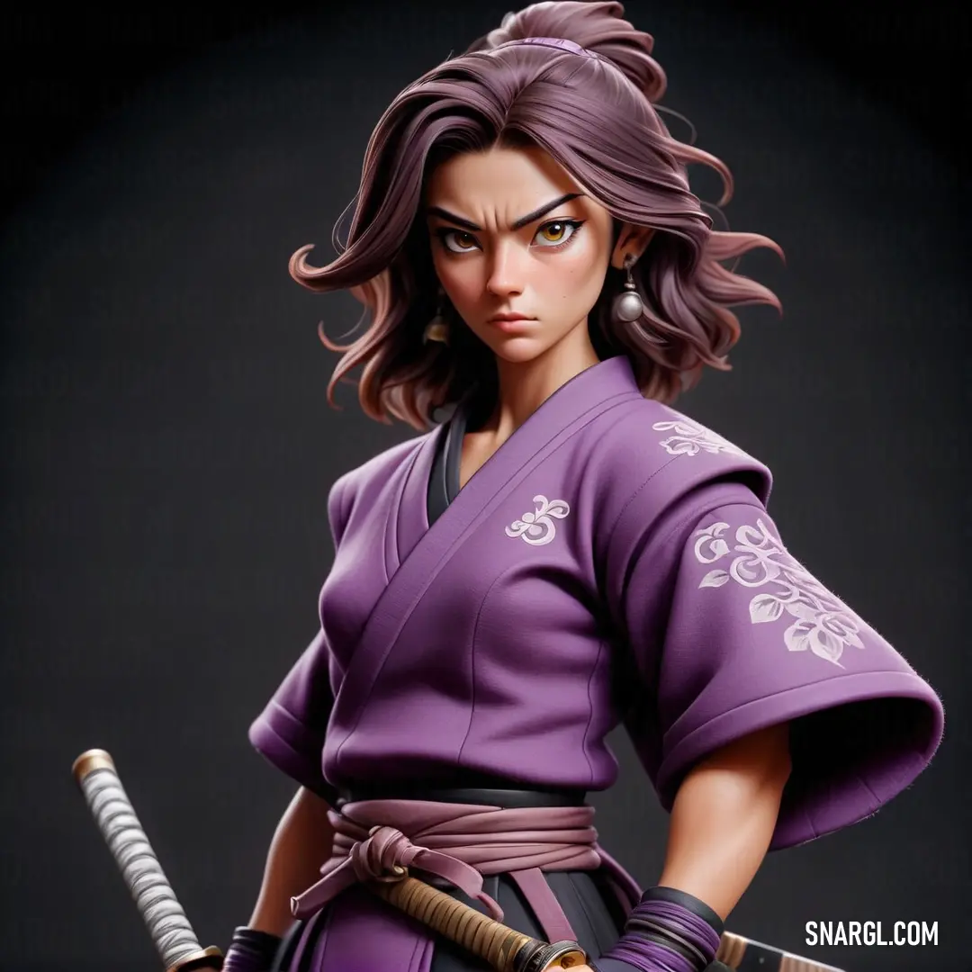 Woman in a purple outfit holding a sword and wearing a purple outfit with a black belt and a purple belt. Example of PANTONE 2068 color.
