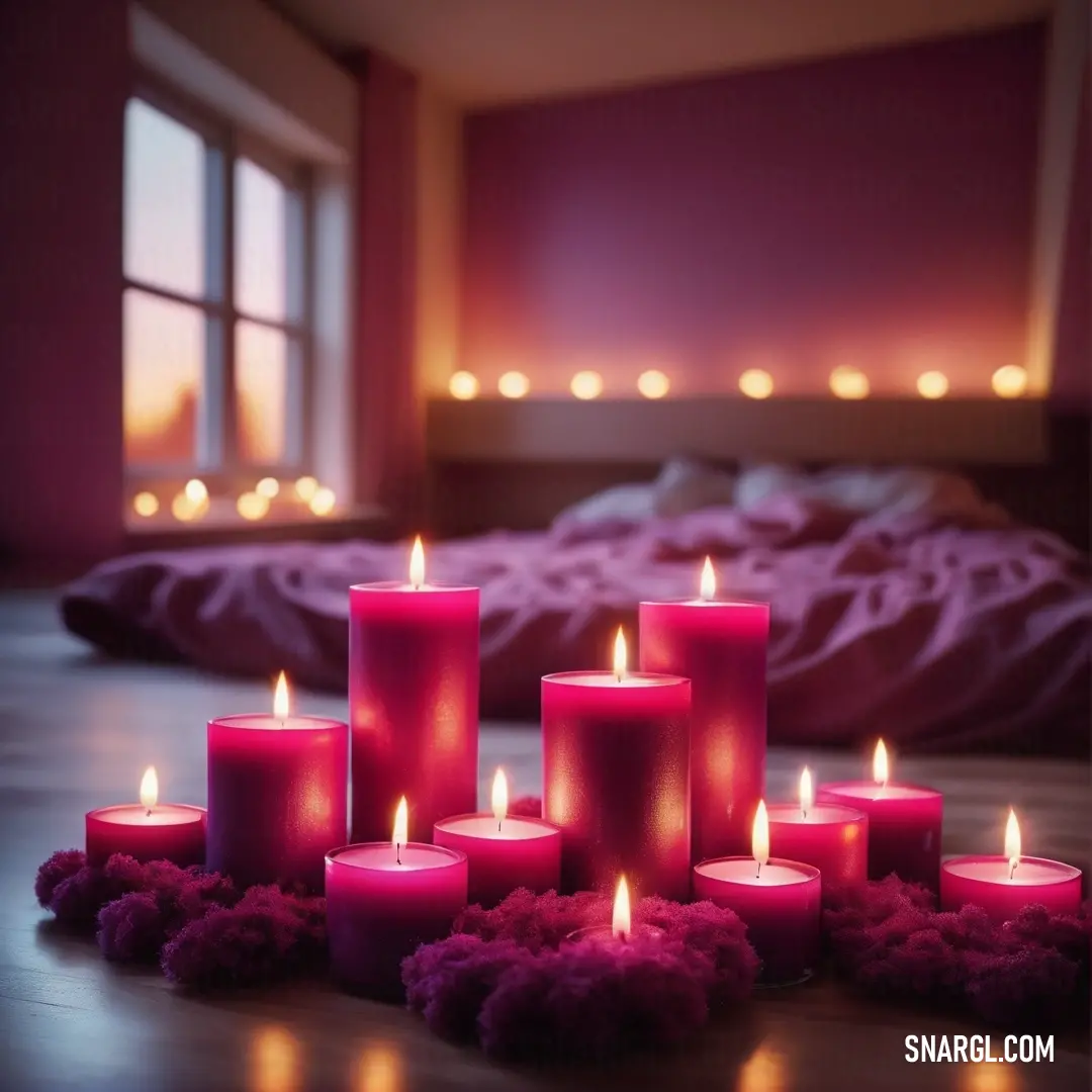 Bunch of candles on a table in a room with a bed and a window in the background. Example of PANTONE 2069 color.