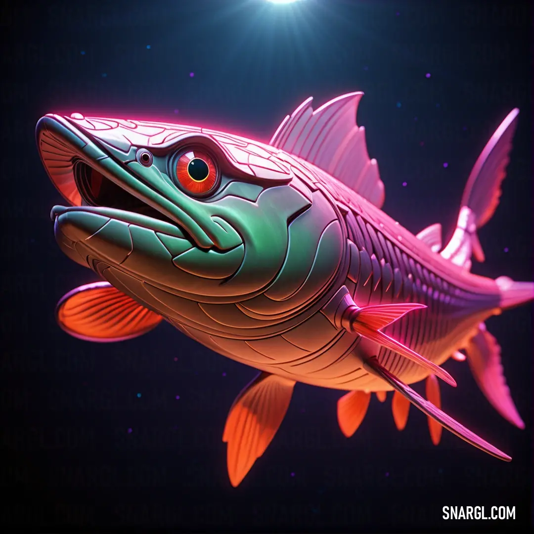 Fish with a big mouth and a bright light above it is floating in the air with a bright light above it. Example of CMYK 47,81,0,0 color.