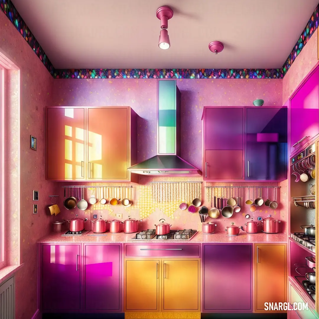 PANTONE 2069 color. Kitchen with a lot of colorful cabinets and counters in it's center area and a window in the back