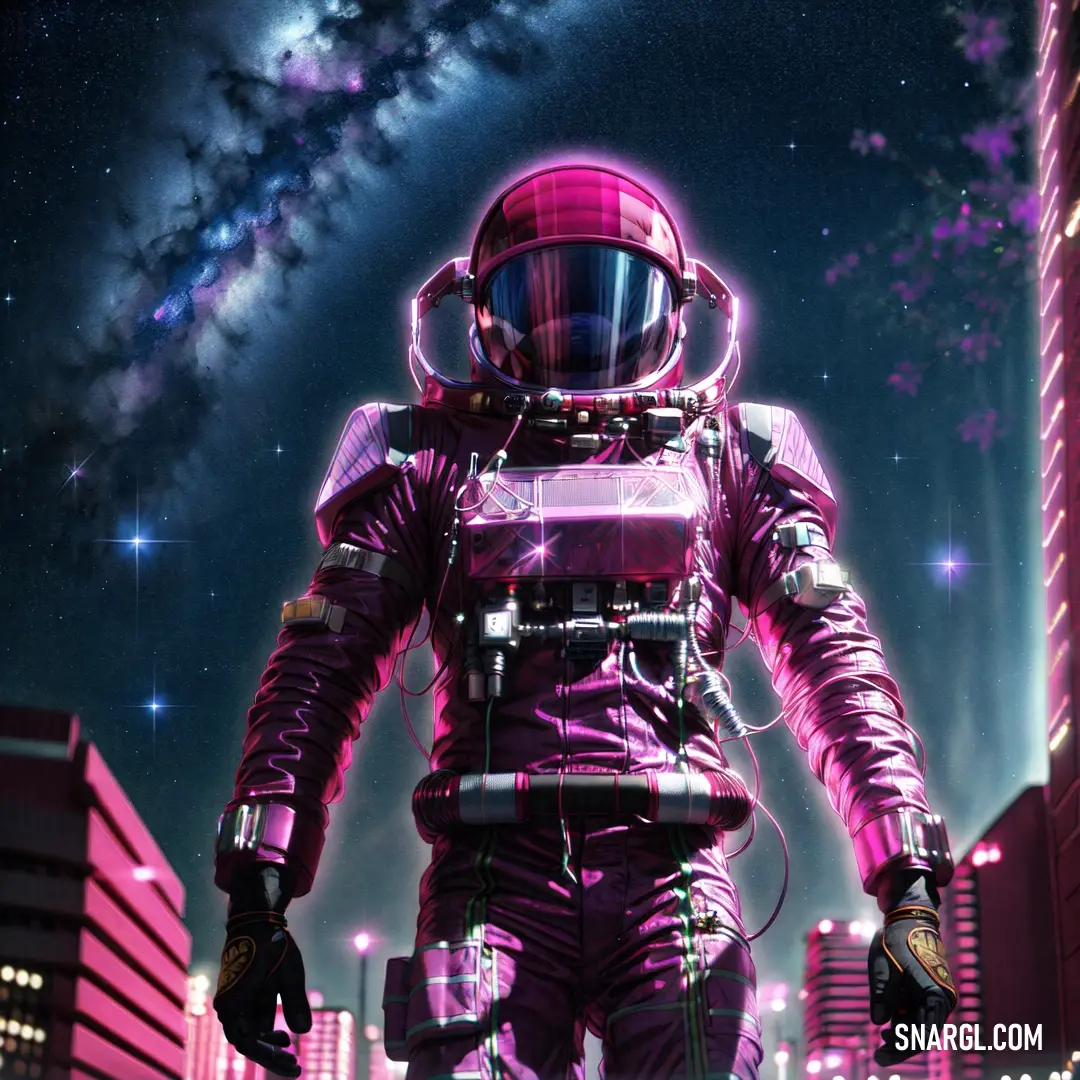 Man in a space suit walking through a city at night with a bright light on his face and a bright light on his head