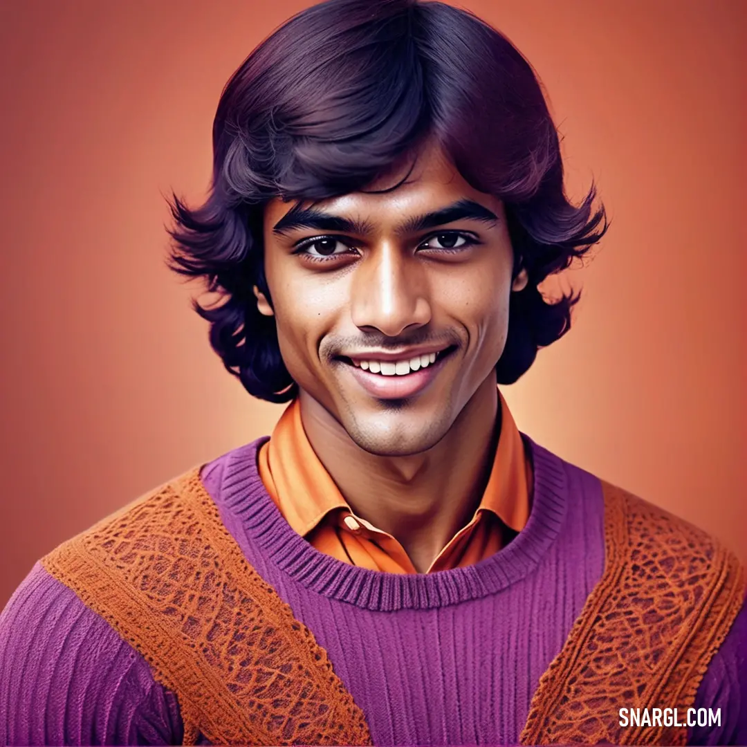 Man with a purple sweater and orange sweater smiling at the camera with a red background. Example of PANTONE 2069 color.