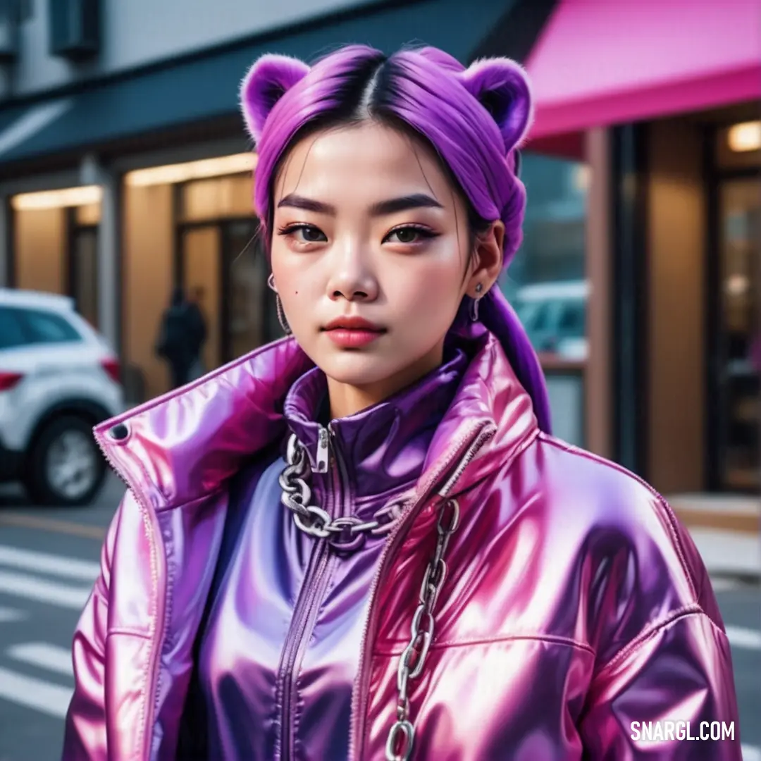 Woman with a cat ear in a purple jacket and a pink jacket on a street corner with a car in the background. Color PANTONE 2069.