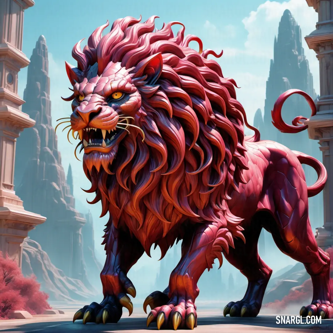 Red lion standing in front of a castle with a sky background and a blue sky behind it