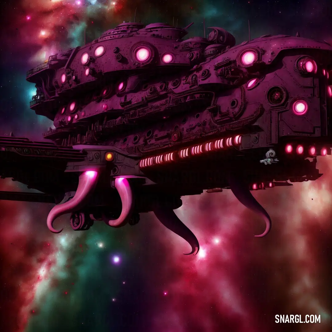 Space ship floating in the air with a giant octopus on top of it's hulls in front of a colorful background