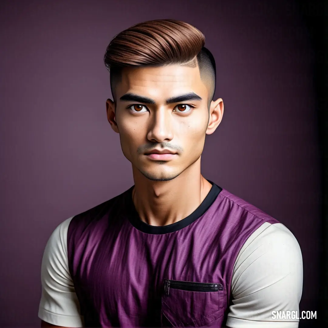 Man with a short haircut and a purple shirt on a dark background. Example of PANTONE 2070 color.