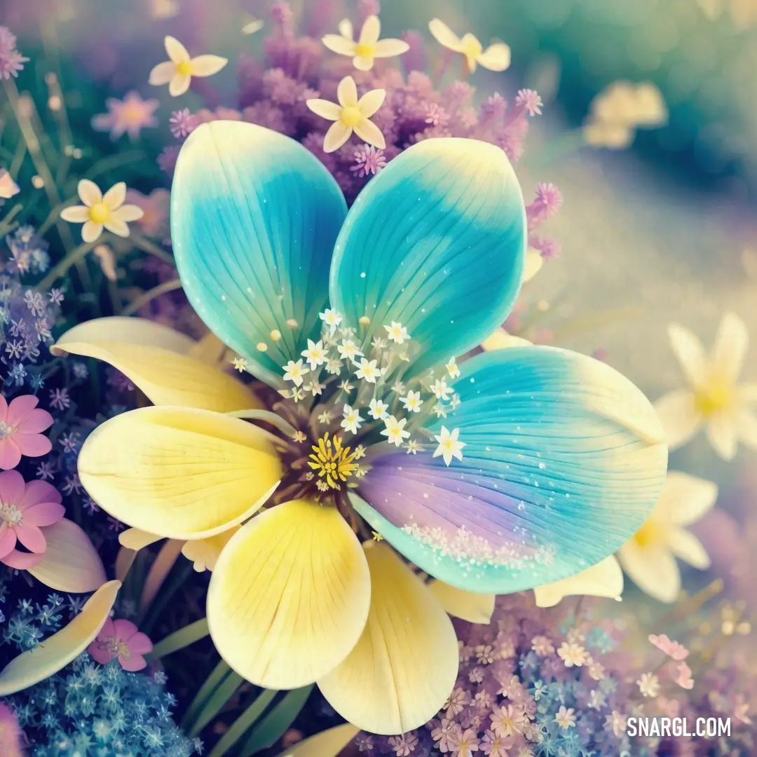 Bouquet of flowers with blue and yellow petals and purple and yellow flowers in the background. Color PANTONE 2071.