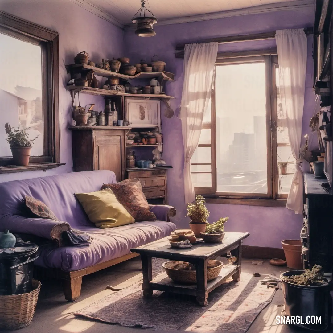 Living room with a couch and a table in it with a window in the background. Example of CMYK 23,29,0,0 color.