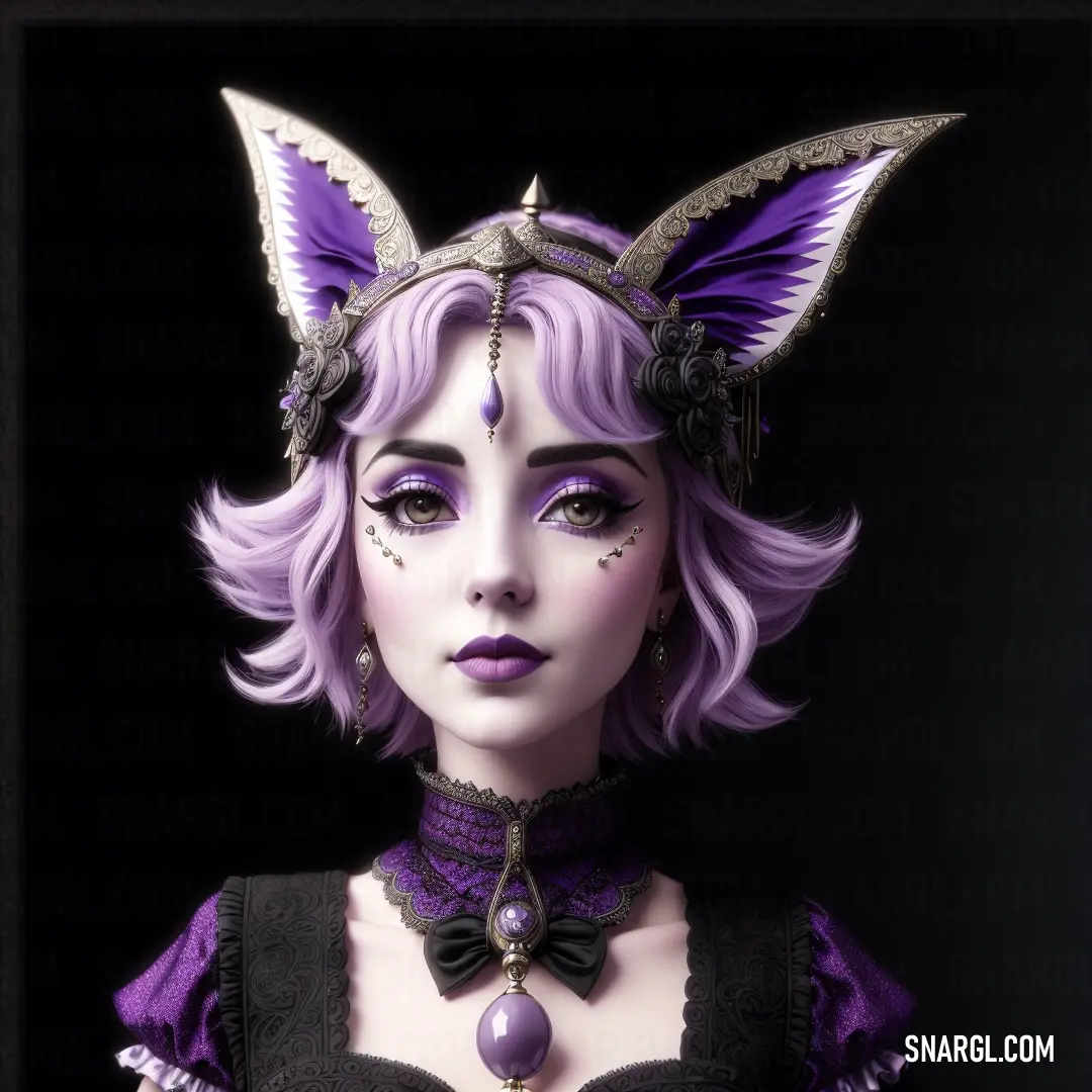 Woman with purple hair and a cat costume on her head and a purple necklace and earrings on her head. Color #C4B1CF.
