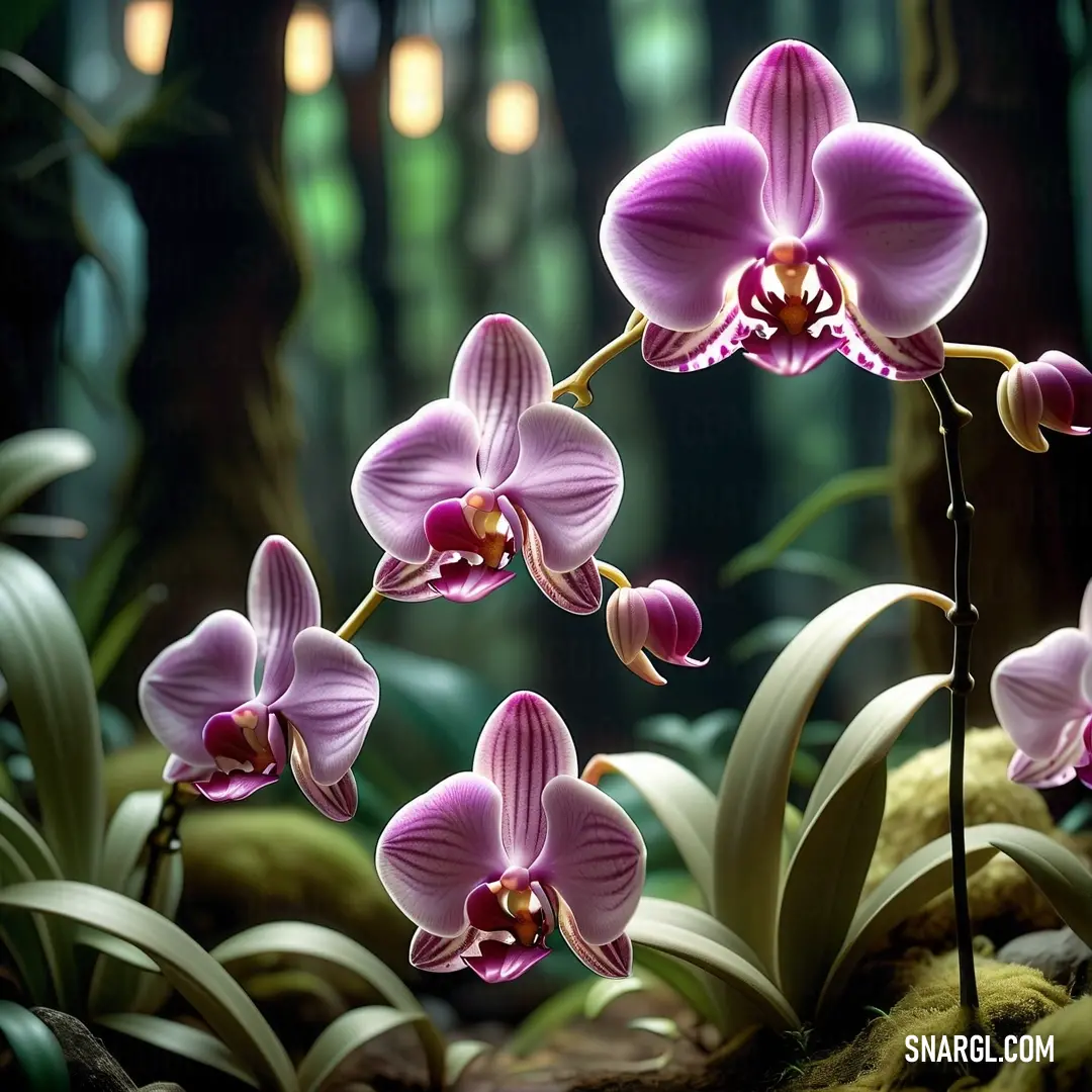 Painting of a purple orchid in a forest with lights in the background. Example of CMYK 34,42,0,0 color.