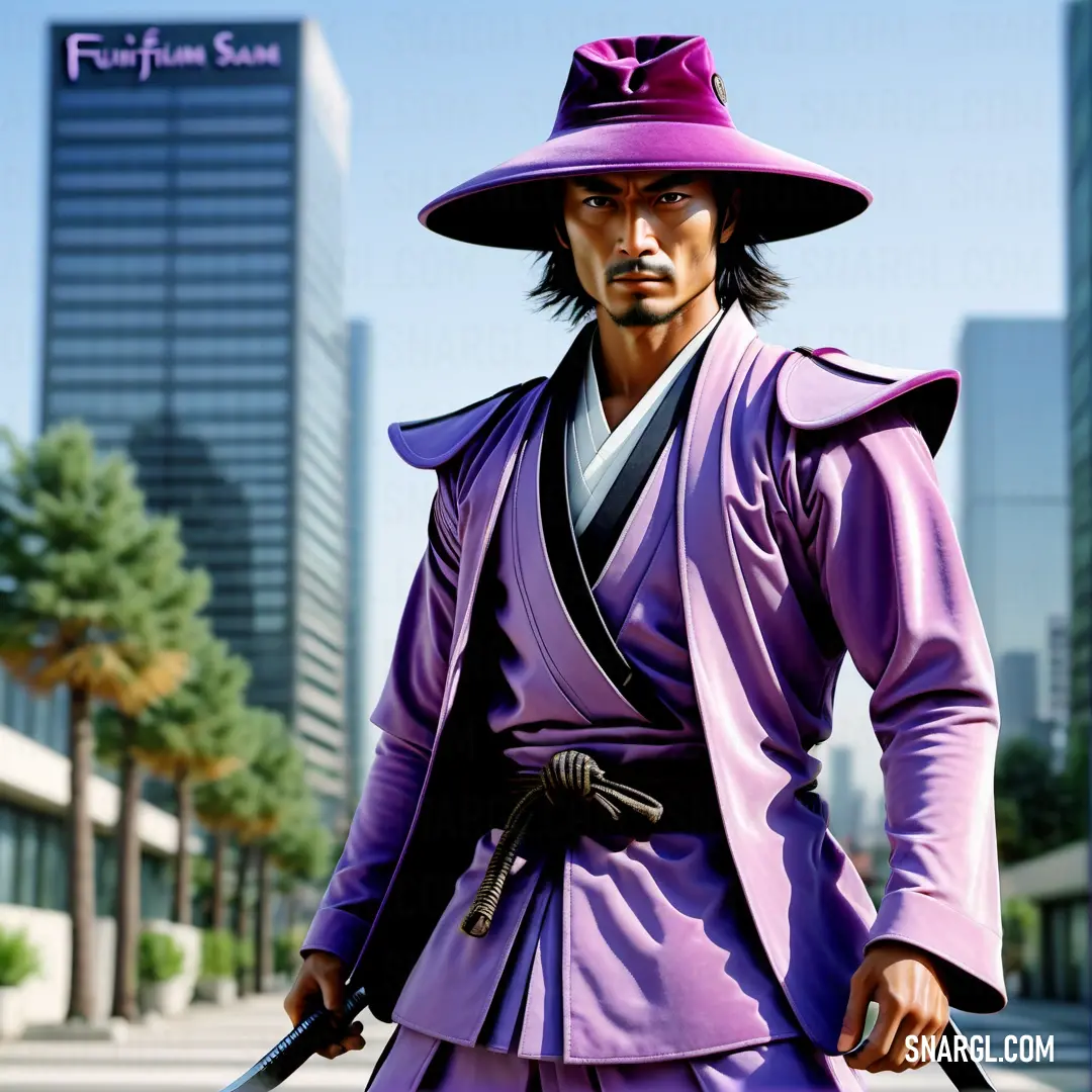 Man in a purple outfit and hat holding a sword in a city street with tall buildings in the background. Example of PANTONE 2074 color.