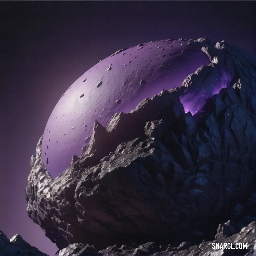 Large rock with a purple sphere on top of it in the middle of a mountain range. Color RGB 148,115,171.