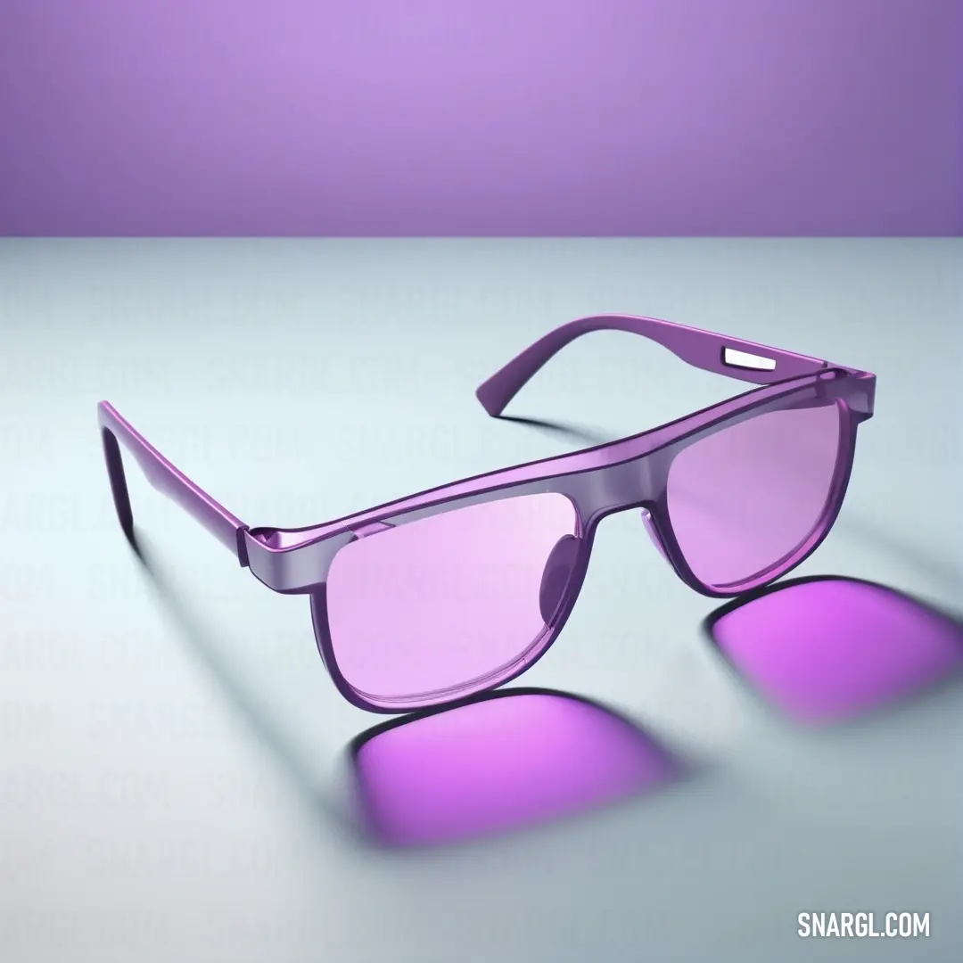 Pair of purple sunglasses on top of a table next to a purple wall and floor. Color #9473AB.