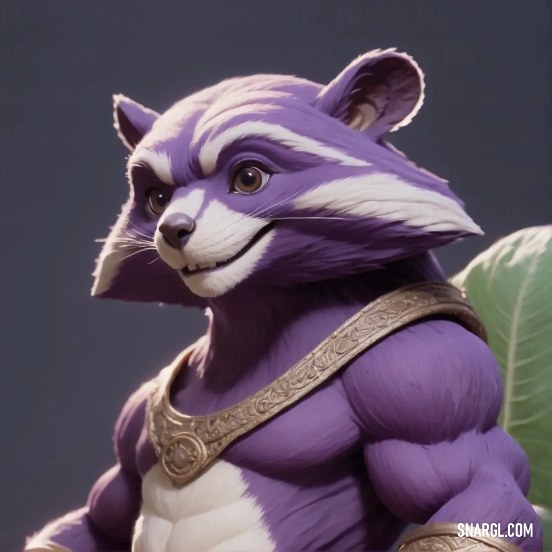 PANTONE 2074 color example: Purple and white raccoon statue with a gold belt and a green leaf behind it, with a dark background