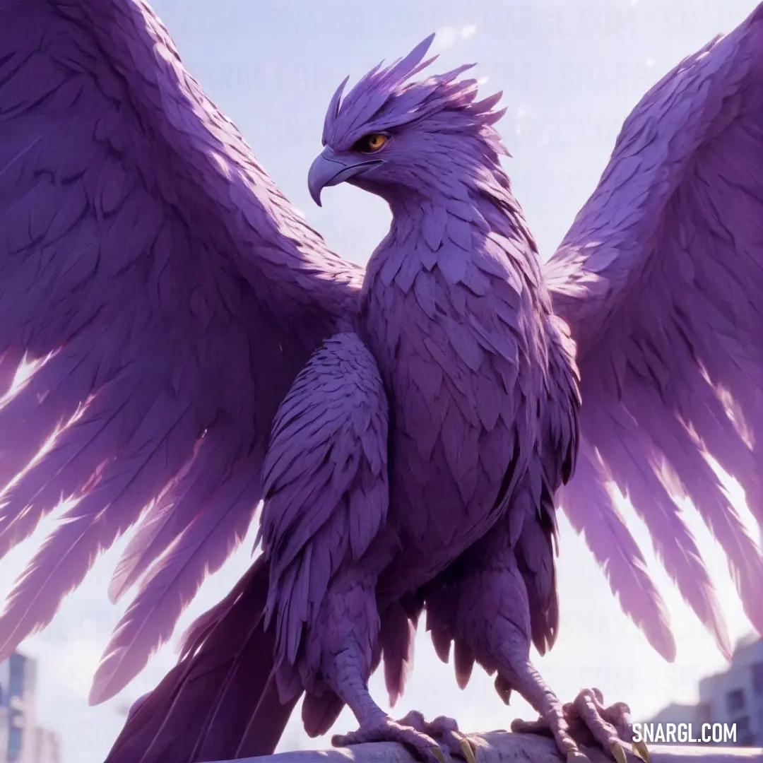 Purple bird with large wings on a ledge in front of a city skyline with skyscrapers and buildings. Color #9473AB.