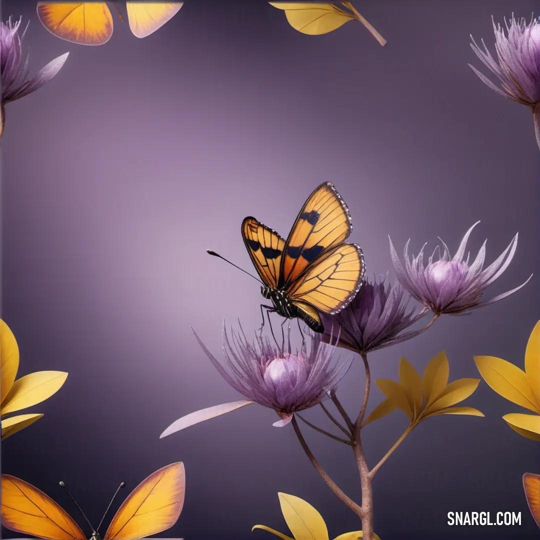 Butterfly on a flower with purple background. Example of CMYK 56,60,0,0 color.