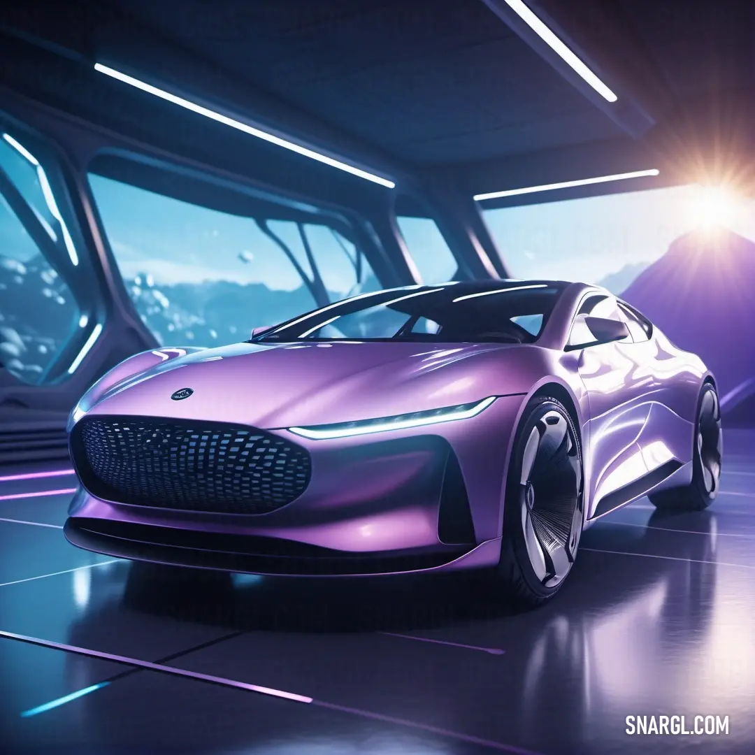 Futuristic car is shown in a futuristic setting with a bright light coming from the window and a city in the background
