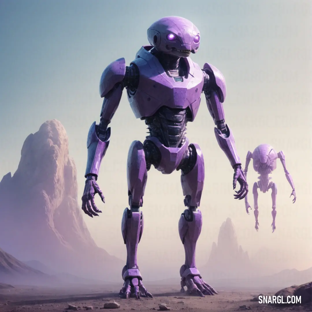 PANTONE 2075 color. Futuristic robot standing in a desert area with mountains in the background