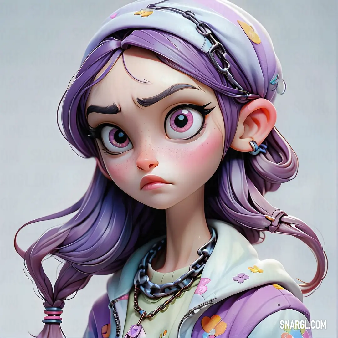 PANTONE 2075 color example: Cartoon character with purple hair and a hat on her head and a necklace on her neck