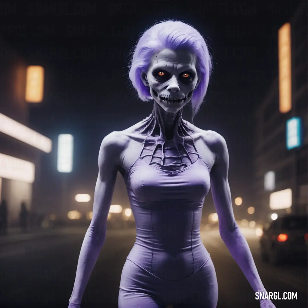 Woman in a bodysuit with a creepy face and purple hair and makeup is standing in the street. Color PANTONE 2075.