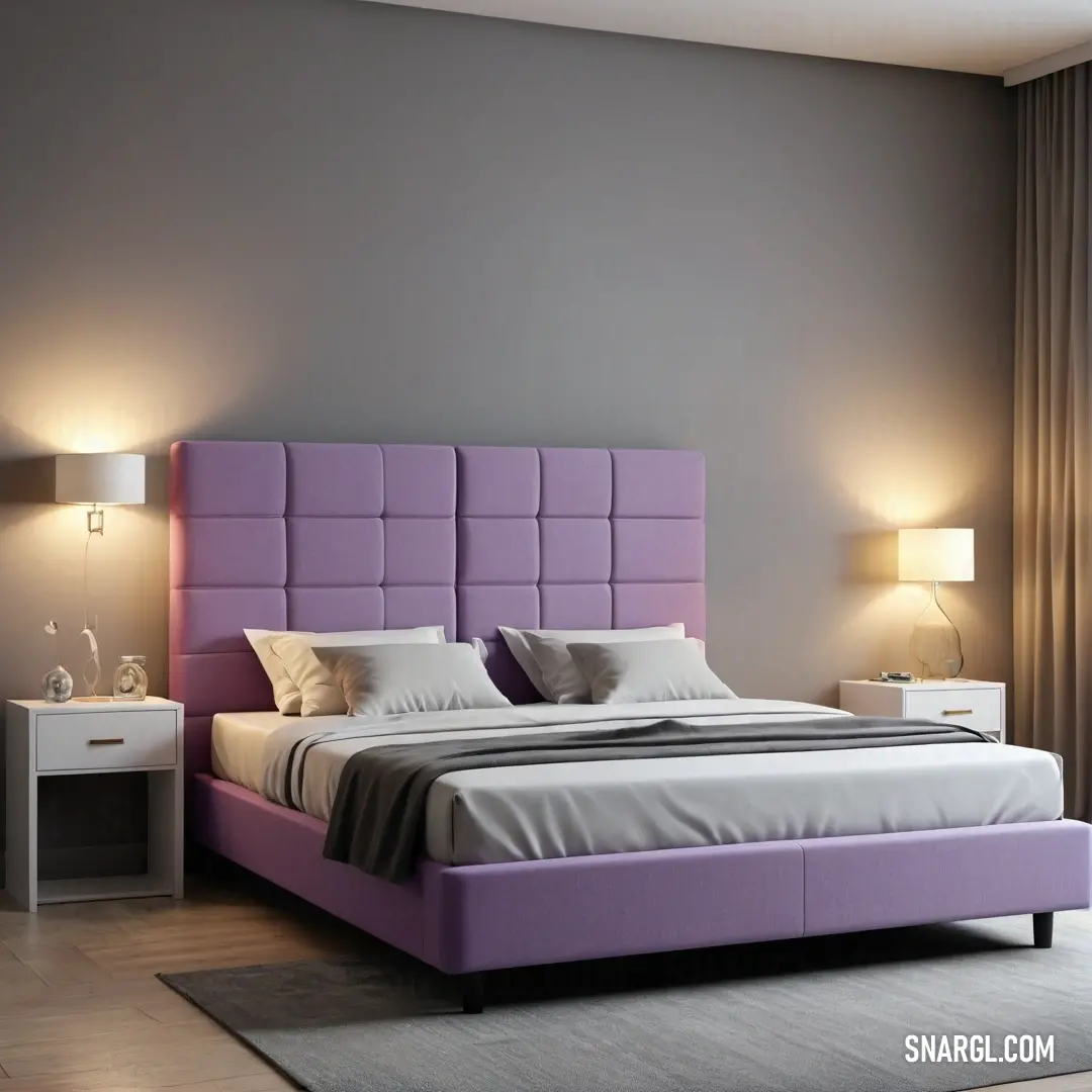 An inviting bed with a plush purple headboard sits elegantly in a well-appointed room, complemented by two stylish bedside lamps. The design exudes comfort and warmth, setting the perfect atmosphere for restful nights and cozy moments.