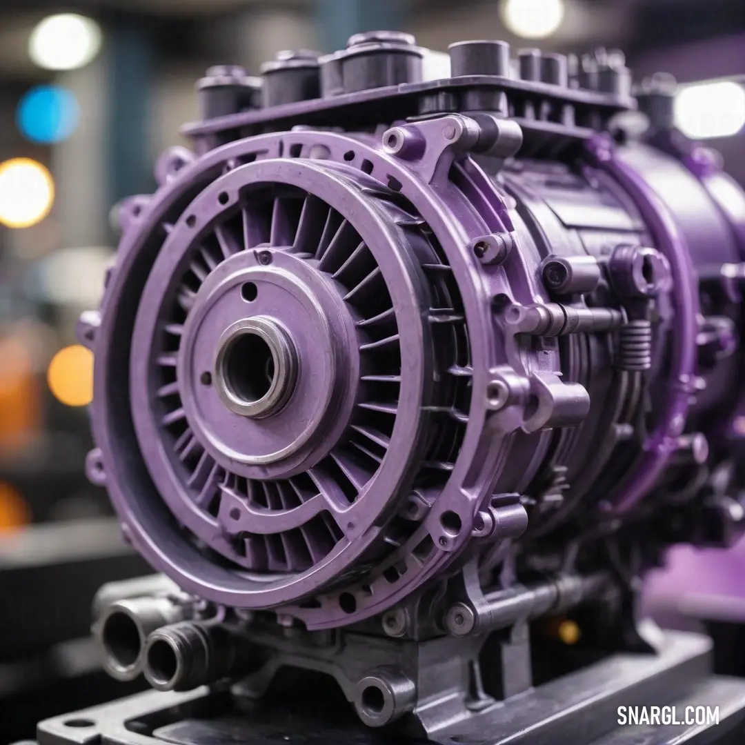 A vibrant, close-up shot of a sleek purple engine resting on a sturdy table in a well-lit factory. The intricate details of the engine gleam against the background, showcasing its modern design and craftsmanship.