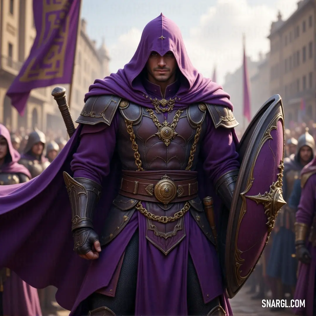 A valiant man in a striking purple ensemble stands amongst a throng of onlookers, confidently clutching a sword, exuding a presence that commands admiration and respect in a lively public gathering.