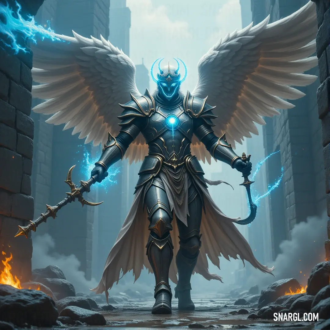 A heroic figure with grand wings brandishes a sword in a bustling urban street, gripping a mysterious demon-like creature, framed by a glowing halo that radiates an ethereal light, blending reality and fantasy.