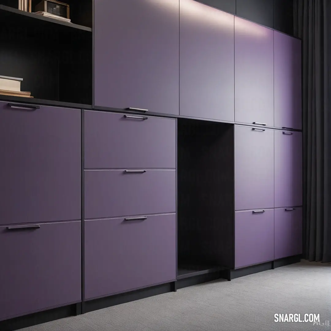 A striking purple cabinet stands tall featuring a book shelf and a broad window in the background, illustrating a cozy and inviting atmosphere accentuated by the vibrant CMYK 60,70,0,0 color scheme.